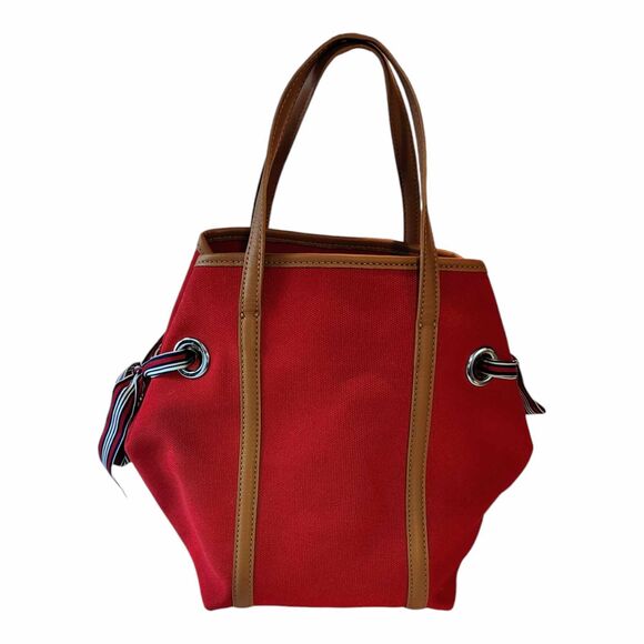 TALBOTS Red Canvas Abstract Scarf Print Design Top Handle Tote Bucket Bag EUC - Picture 3 of 15